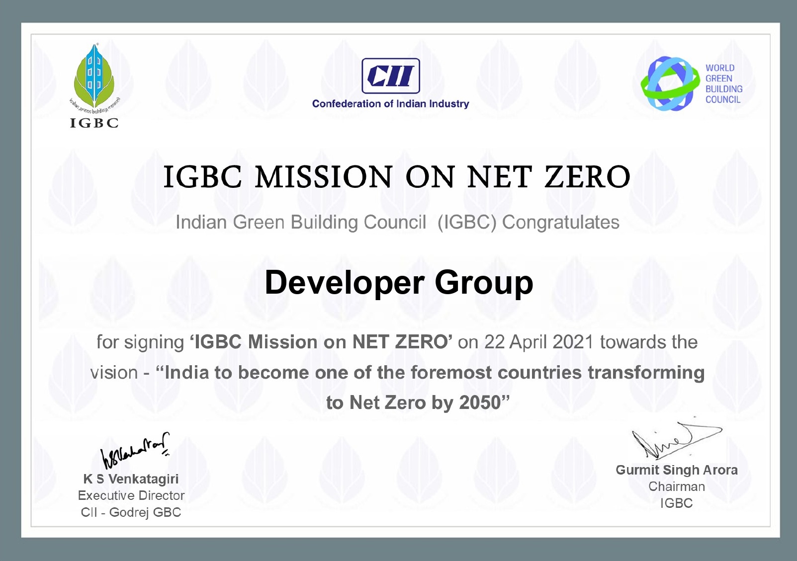 Certificate-IGBC_Net_Zero_Mission-Developer_Group